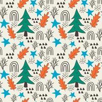 Cute cartoon messy Christmas tree, leaves, stars, dots seamless pattern. Modern winter festive background. vector