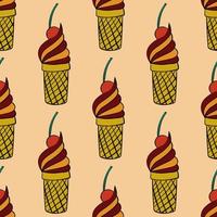 Cute colorful cartoon seamless pattern with doodle ice cream with cherry in the waffle cup. vector