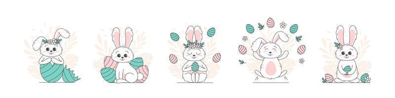 Set of Easter card with rabbit and eggs. Happy easter greeting card and template vector illustration. Cute Design layout for invitation, card, menu, flyer, banner, poster, voucher. Eggs and bunny ears