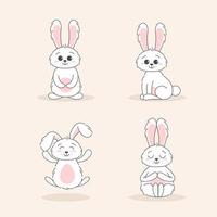 Set of Cute bunnys, baby and children concept. Happy easter rabbits different poses cartoon characters. Card with Cute bunny. Bunny with floral leafs. Design for baby, kids poster, card, invitaton. vector