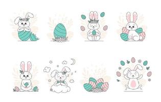 juego de tarjeta de pascua con conejo y huevos. tarjeta de felicitación de Pascua feliz y plantilla de ilustración vectorial. lindo diseño para invitación, tarjeta, menú, volante, pancarta, afiche, cupón. huevos y orejas de conejo vector