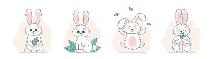 Set of Cute bunnys, baby and children concept. Happy easter rabbits different poses cartoon characters. Card with Cute bunny. Bunny with floral leafs. Design for baby, kids poster, card, invitaton. vector