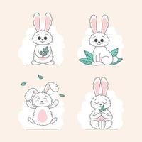 Set of Cute bunnys, baby and children concept. Happy easter rabbits different poses cartoon characters. Card with Cute bunny. Bunny with floral leafs. Design for baby, kids poster, card, invitaton. vector