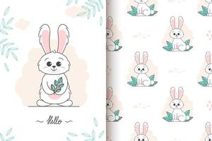 card, seamless pattern of a cute bunny. children concept. Happy easter rabbits different poses cartoon characters. Bunny with floral leafs. Design for baby, kids poster, card, invitaton. Vector