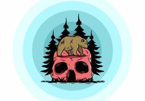 Big bear walking on skull head illustration vector