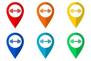 set of map pointers. flat map marker with dumbbell icon. vector illustration isolated on white background