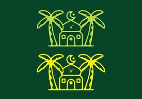 Mosque and date palm tree flat art illustration in yellow and green color vector