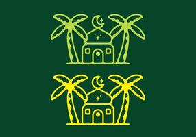 Mosque and date palm tree flat art illustration in yellow and green color vector