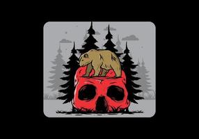 Big bear walking on skull head illustration vector