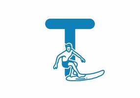 Man surfing line art illustration with T initial letter vector