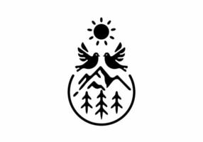 Mountain and birds line art badge vector