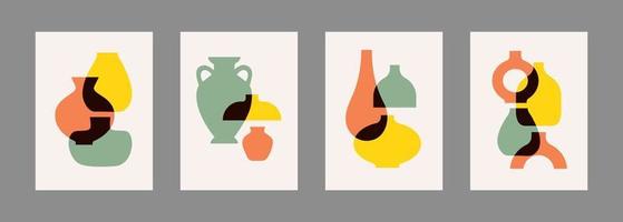 Trendy set posters with colorful various ceramic vases different shape. Antique, ancient ceramic vases and pottery in silhouette. Vector hand drawn illustration