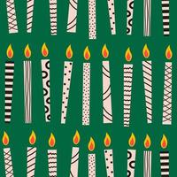 Abstract seamless pattern of birthday cake candles with different lines, dots, curves on green background. Trendy festive vector illustration