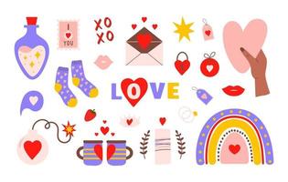 conjunto de íconos románticos para el día de san valentín aislados en un fondo blanco. diseño moderno dibujado a mano para álbumes de recortes, pegatinas, tarjetas, etiquetas de regalo, postales. ilustración vectorial