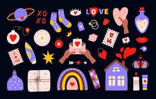 conjunto de elementos coloridos románticos para el día de san valentín aislado en un fondo oscuro. diseño moderno dibujado a mano para álbumes de recortes, pegatinas, tarjetas, etiquetas de regalo, postales. ilustración vectorial vector