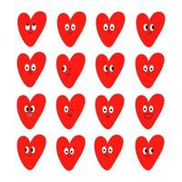 Funny icons hearts with character faces isolated on a white background. Trendy colorful illustration for kids design. Cartoon style. Vector hand drawn illustration