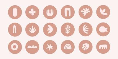 Trendy collection of abstract round highlight covers with pastel cutting shapes, tropical elements and doodle objects. Modern vector hand drawn icons. Inspired Matisse design