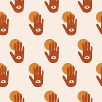 Modern minimal hand drawn seamless pattern with hand, eye and sun on pastel background. Bohemian vector ilustration.