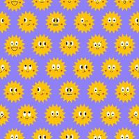 Vector seamless pattern with funny sun character faces on a blue background. Trendy comic sun characters.