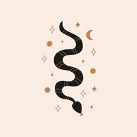 Modern minimal mystical print with a wriggling snake, crescent moon, stars on a pastel background. Magic vector illustration for spiritual practices of ethnic magic and rites.