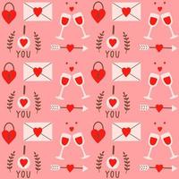 Colorful seamless pattern with romantic elements for Valentine's Day on a pink background. Modern hand drawn design for scrapbooking, wrapping paper, fabric, card. Vector illustration