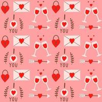 Colorful seamless pattern with romantic elements for Valentine's Day on a pink background. Modern hand drawn design for scrapbooking, wrapping paper, fabric, card. Vector illustration