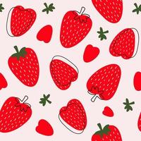 Bright colorful seamless pattern with wild strawberries on a pink background. Small and big red berries. Modern hand drawn illustration vector