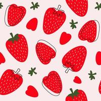 Bright colorful seamless pattern with wild strawberries on a pink background. Small and big red berries. Modern hand drawn illustration vector