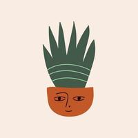 Abstract vector hand drawn illustration with cactus plant with character face on a potted. Childish cartoon boho funky style