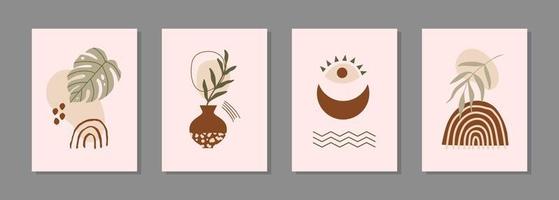Modern abstract aesthetic set posters with moon, vase, balance shapes and plants. Wall decor in boho style. Mid century vector print for cover, wallpaper, card, social media, interior decor