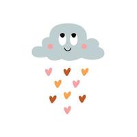 Cute hand drawn print with happy smiling cloud and hearts rain. Modern vector illustration.