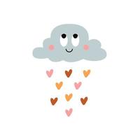 Linda impresión dibujada a mano con feliz nube sonriente y lluvia de corazones. ilustración vectorial moderna. vector