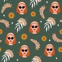 Abstract feminine seamless pattern with woman face, plants and sun on green background. Trendy hand drawn print in boho style. Vector illustration