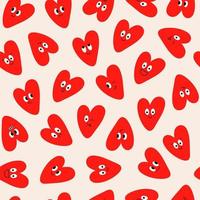 Cute seamless pattern with red hearts with character faces. Trendy colorful illustration for kids. Cartoon style. Vector hand drawn illustration