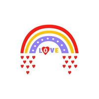 arco iris retro, palabra amor con corazones en estilo años 70-80 aislado en un fondo blanco. ilustración vectorial plana. vector