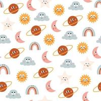 Colorful seamless pattern of funny cartoon icons sun, cloud, moon, planet and rainbow isolated on white background. Cute vector characters illustration