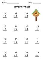 Addition worksheet with cute birdhouse. Math game. vector