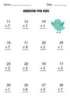 Addition worksheet with cute blue bird. Math game. vector