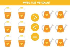 More, less, equal with cartoon colorful watering cans. vector