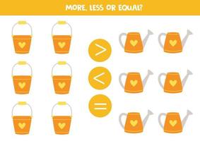 More, less, equal with cartoon colorful watering cans. vector