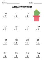 Subtraction with cute cactus. Educational math game for kids. vector