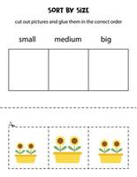 Sort pictures by size. Educational worksheet for kids. vector