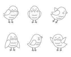 lindos pájaros de primavera de dibujos animados sobre fondo blanco. página para colorear vector