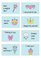 Lunch box notes for girls with cute pictures. vector