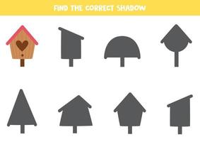 Find the correct shadow of cute birdhouse. Logical puzzle for kids. vector