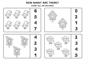 Counting game with cute black and white birds. Educational worksheet. vector