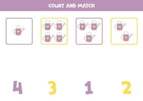 Counting game for kids. Count all watering cans and match with numbers. Worksheet for children. vector