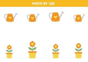 Matching game for preschool kids. Match watering cans and flowers by size. vector