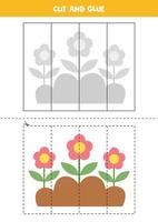 Cut and glue game for kids. Cute flower bed. vector