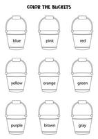 Read names of colors and color buckets. Educational worksheet. vector